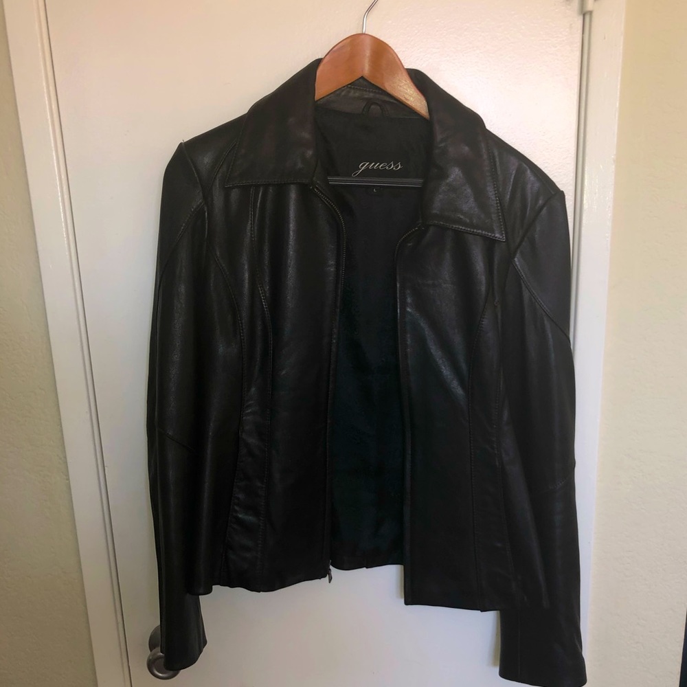 Guess Black, Fitted Lined Leather Jacket